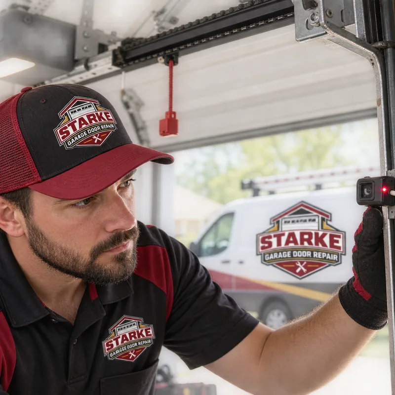 Garage door opener rail and safety sensor system undergoing functional testing
