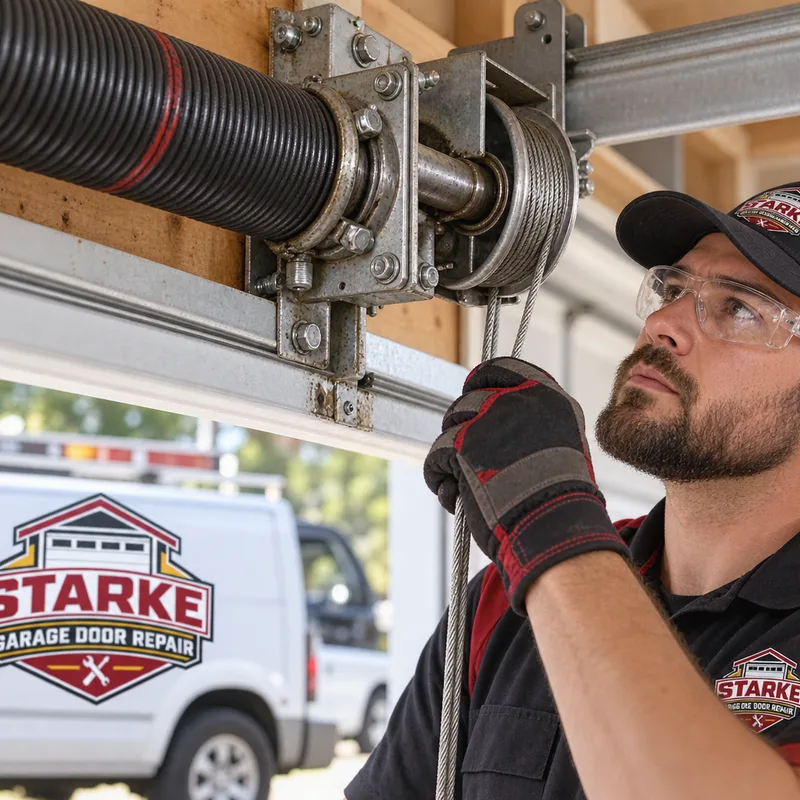 Residential torsion spring, center bearing plate, cable drums, and lift cables being inspected