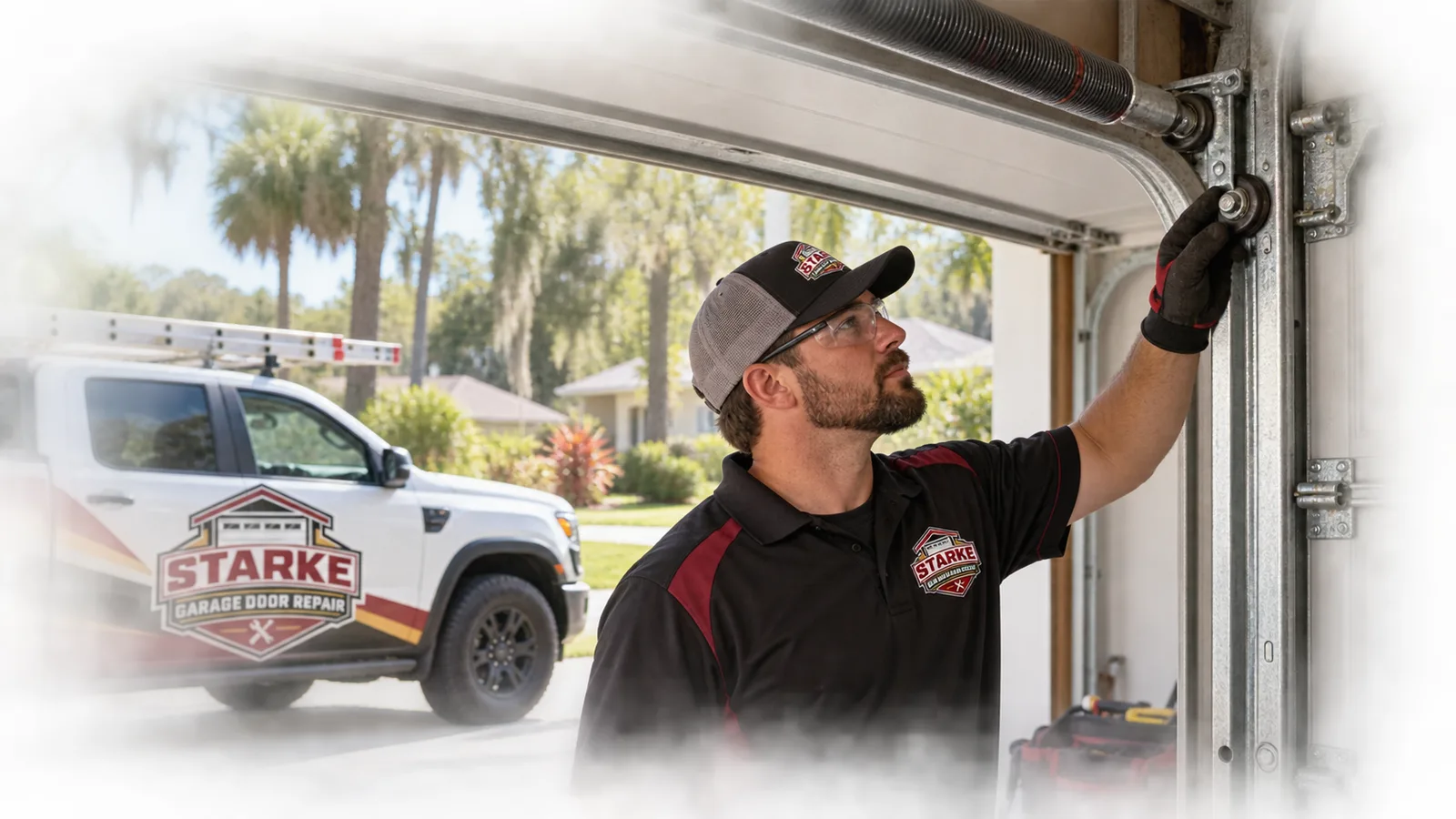Technician inspecting the rollers, track, and spring assembly of a residential sectional garage door in North Florida
