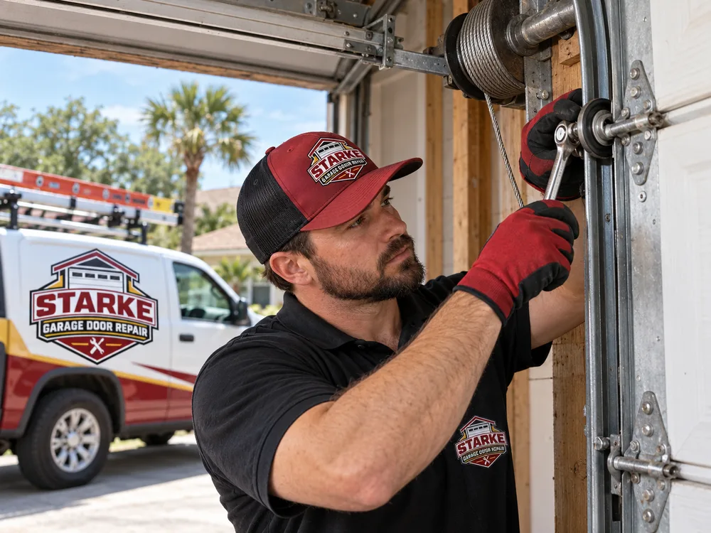 Residential garage door inspection showing rollers, lift cables, hinges, and counterbalance hardware
