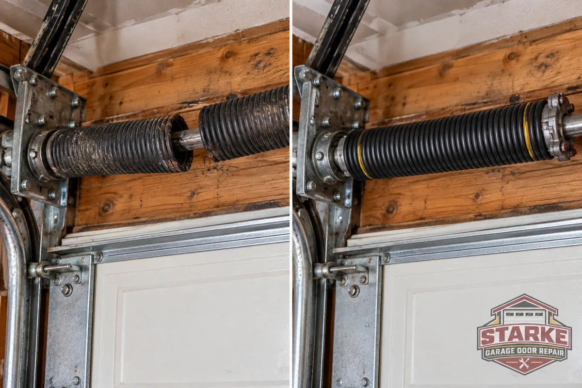 Paired comparison of a separated torsion spring before repair and a correctly installed replacement spring afterward