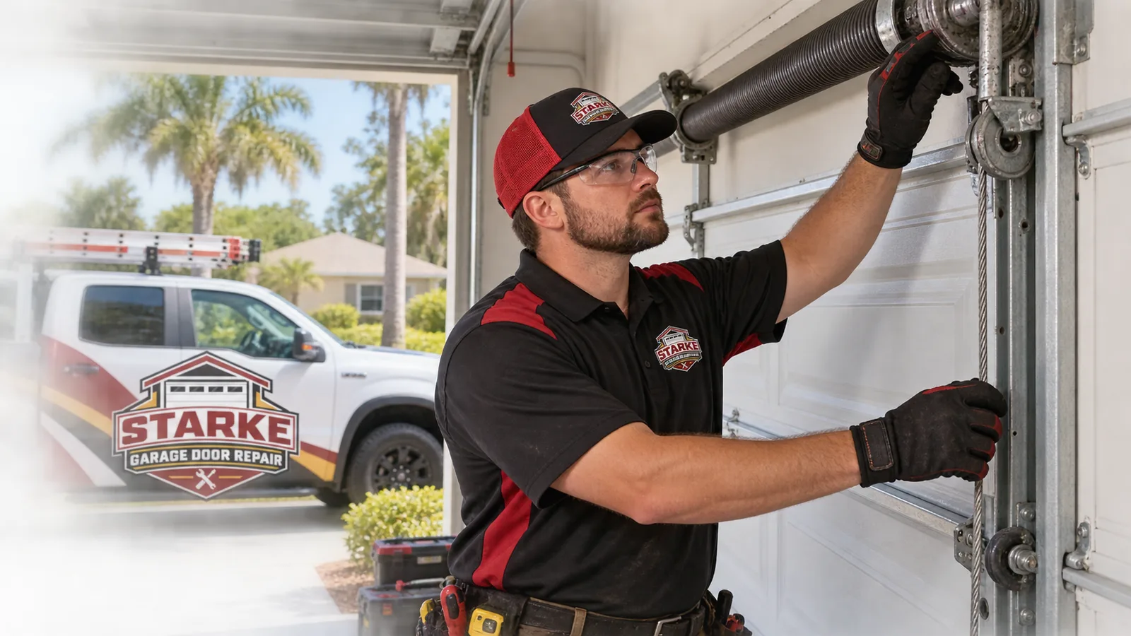 Residential garage door technician inspecting a torsion spring and lift cables on a closed sectional door