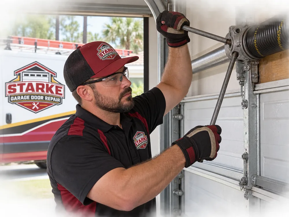 Technician using winding bars on a residential torsion spring while the garage door is secured closed