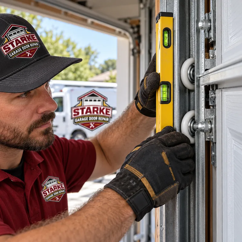 Technician checking the level and spacing of a residential garage door track with new rollers visible