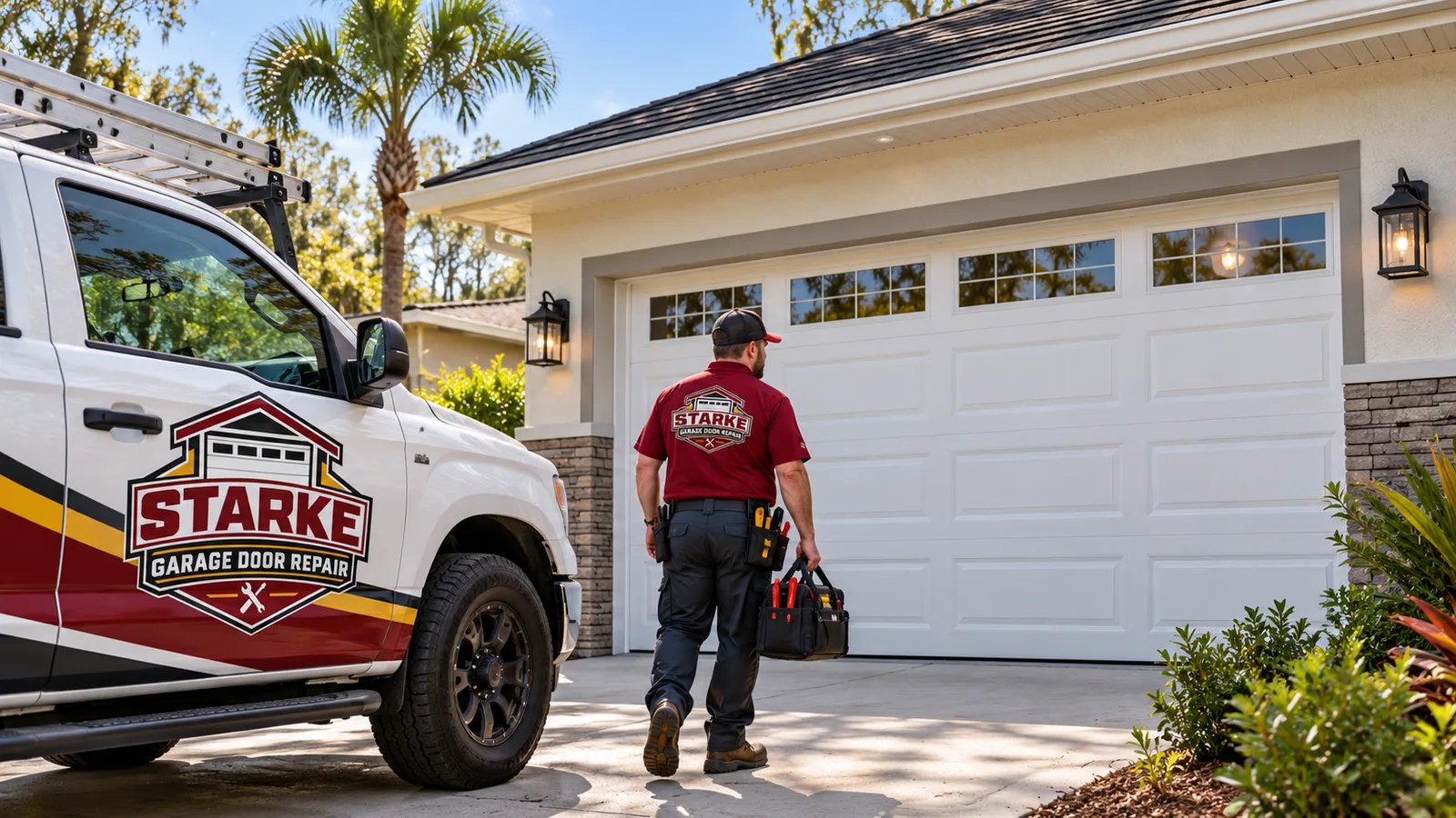 A newly installed sectional garage door on a Florida home, closed and evenly aligned within the opening