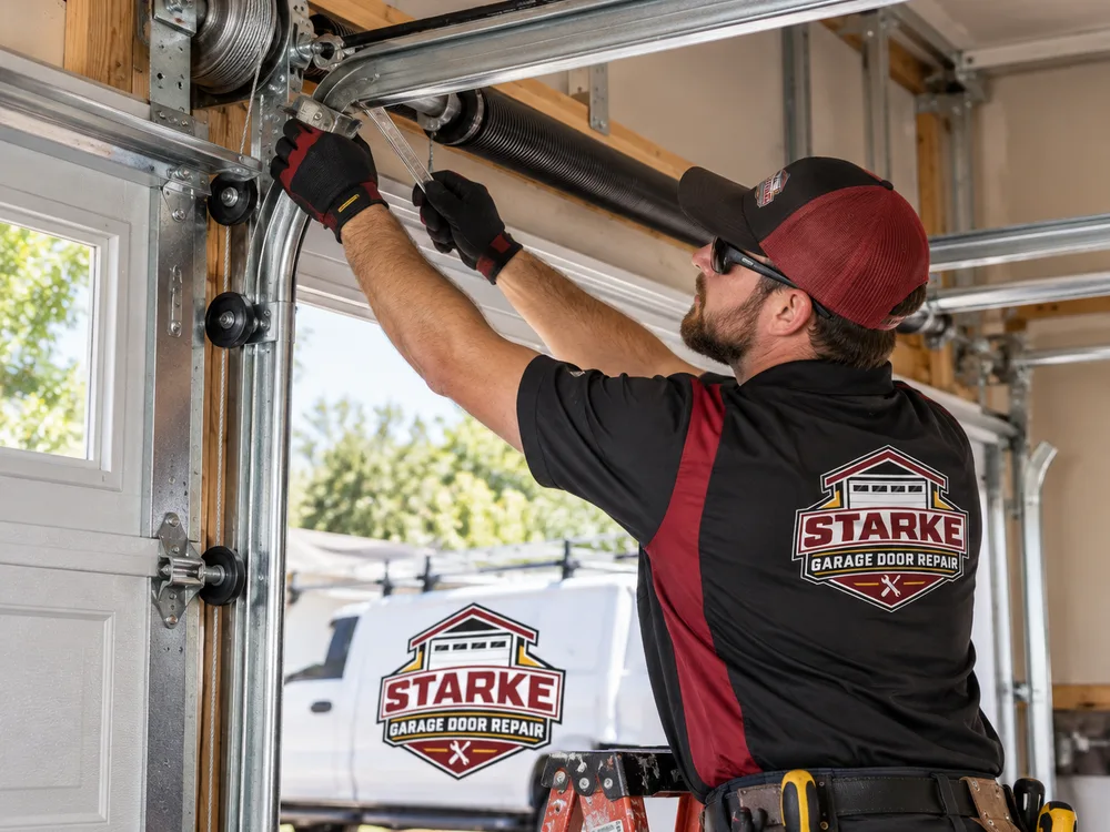 Aligned tracks, rollers, torsion shaft, lift drums, and cables on a sectional garage door installation