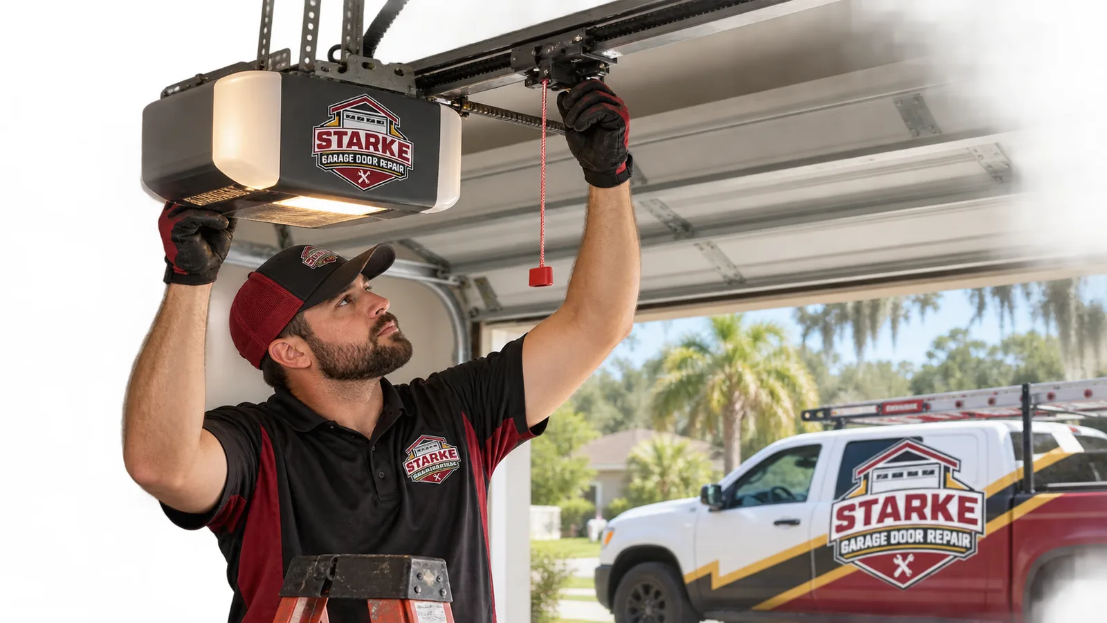 Technician testing a ceiling-mounted garage door opener, rail, and trolley inside a residential garage