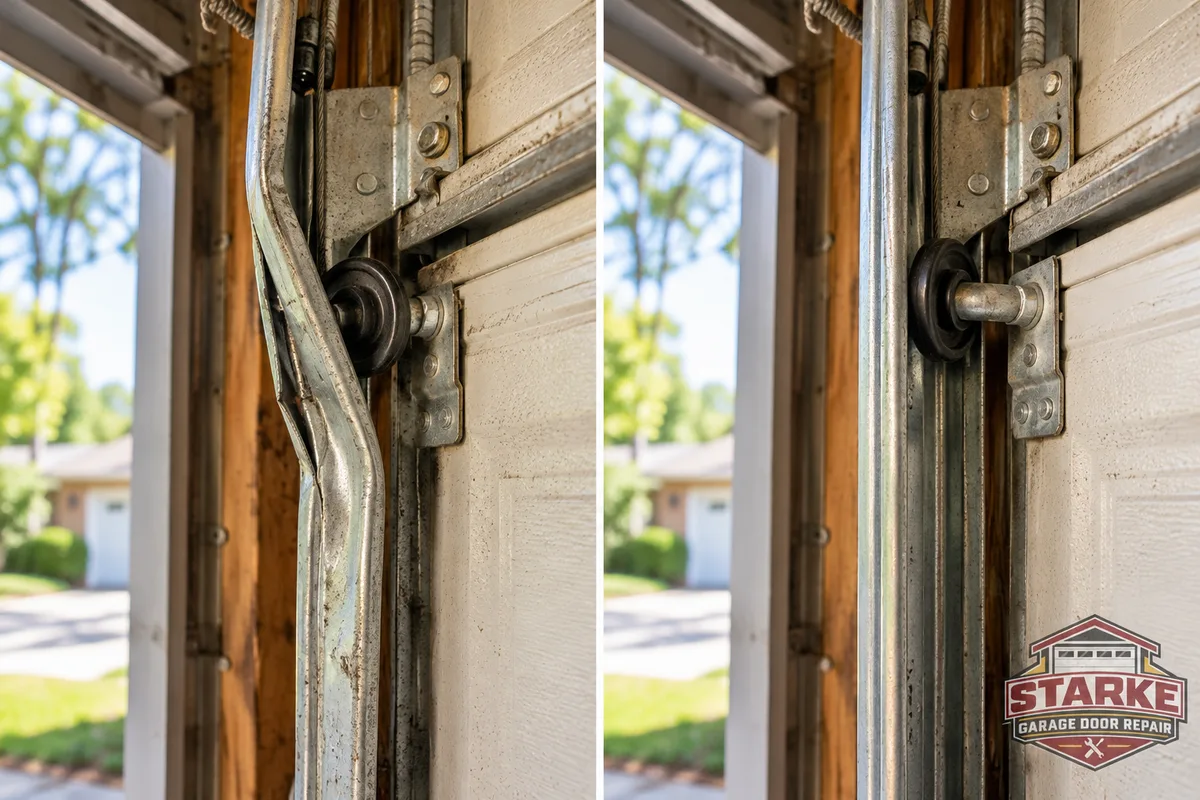 Garage door with a displaced roller in a bent track beside the corrected and aligned track