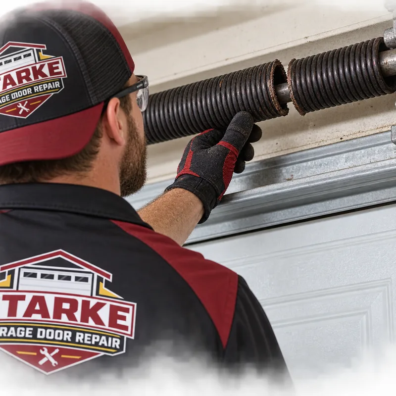 Broken torsion spring with a visible gap in the coil above a closed garage door