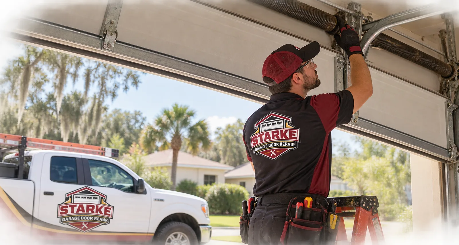 Technician inspecting the track and spring assembly of a residential garage door stuck partially open