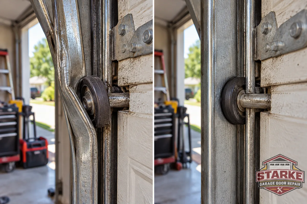 Side-by-side comparison of a garage door roller outside a bent track and the same assembly properly seated in a straight, aligned track