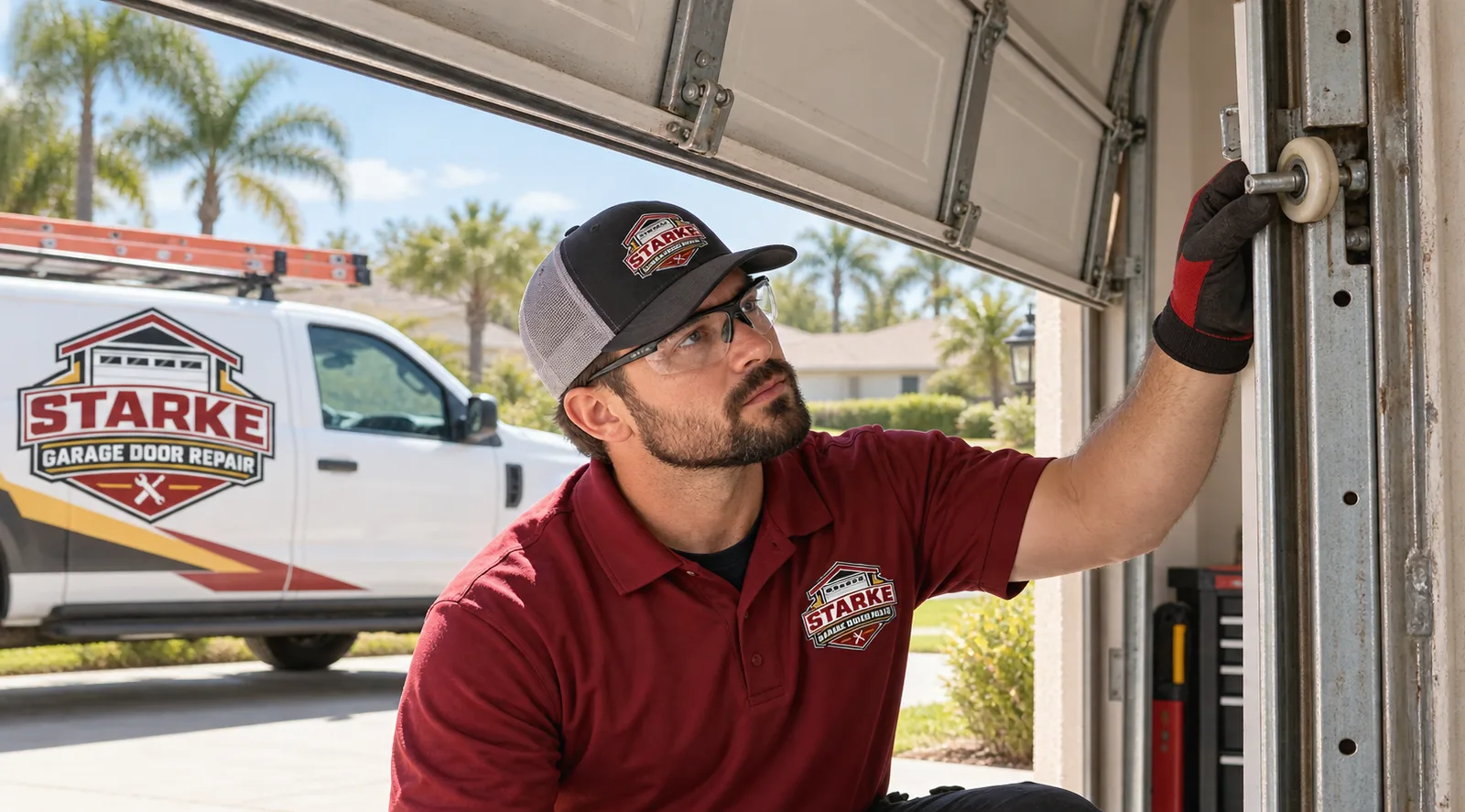 A residential garage door technician inspecting a displaced roller and misaligned vertical track on a partially open door